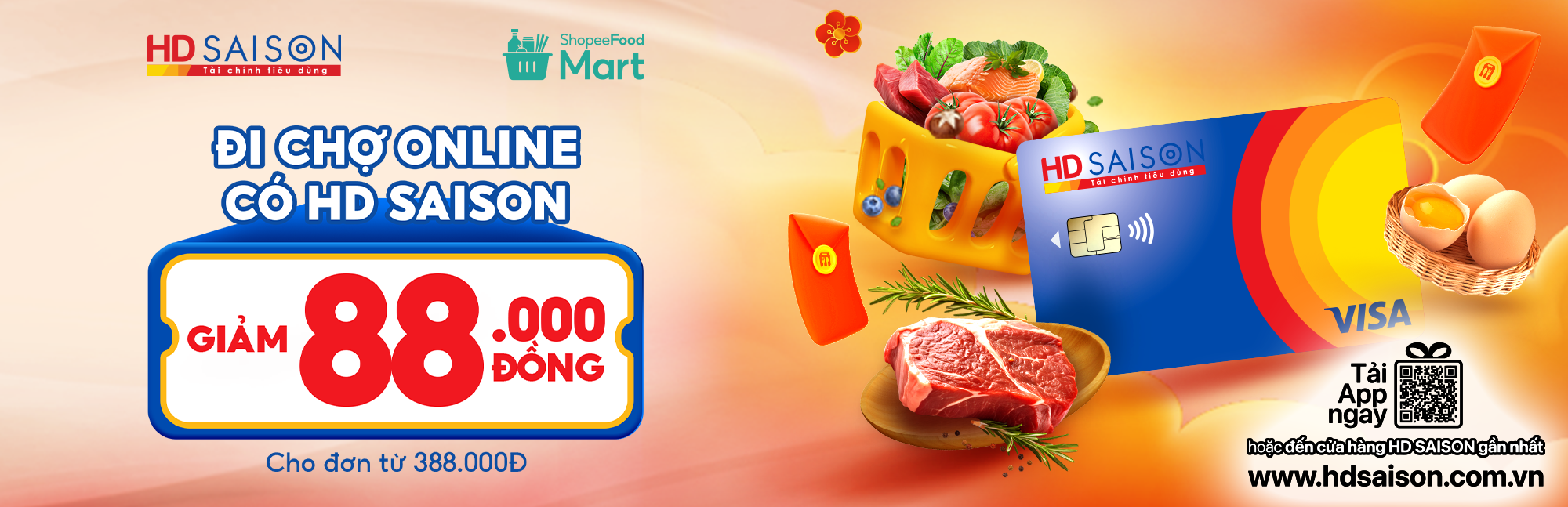 Thẻ HD SAISON giảm 88.000 VNĐ đi chợ tại ShopeeFood