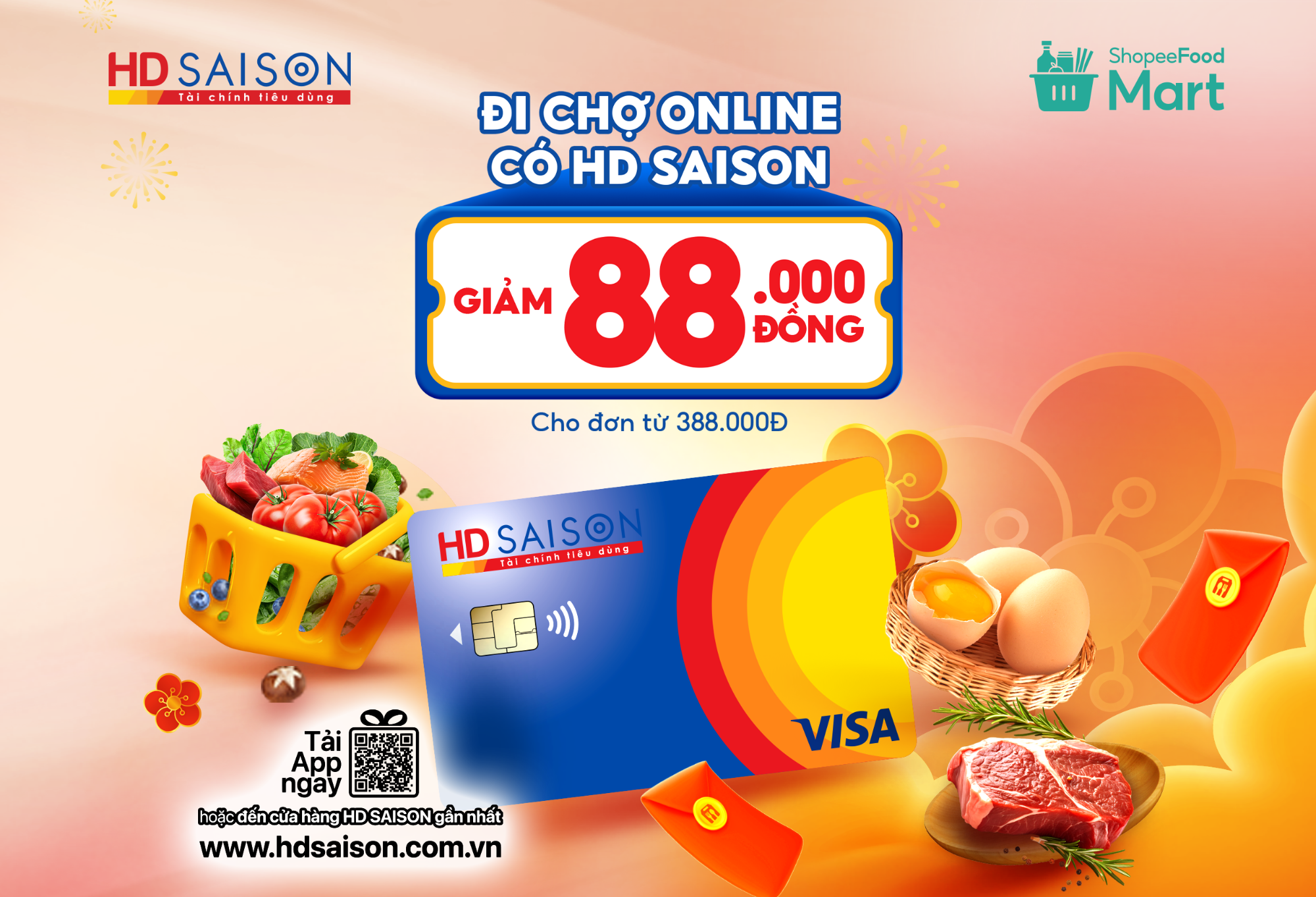 Thẻ HD SAISON giảm 88.000 VNĐ đi chợ tại ShopeeFood